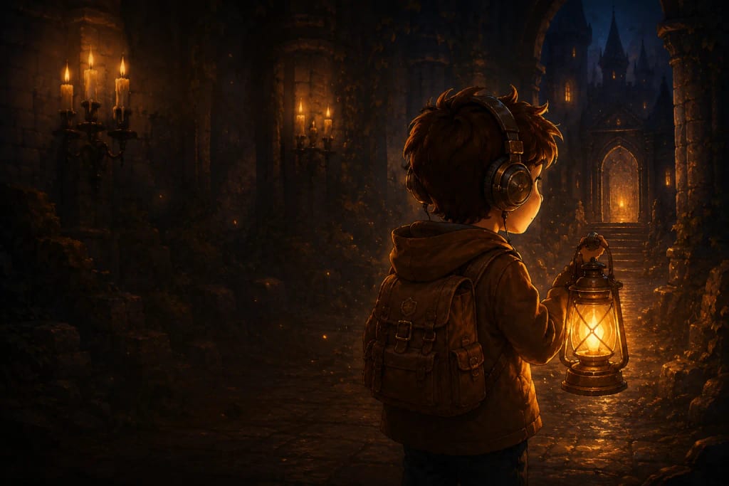 Leo entering the Candlelit Castle with his lantern