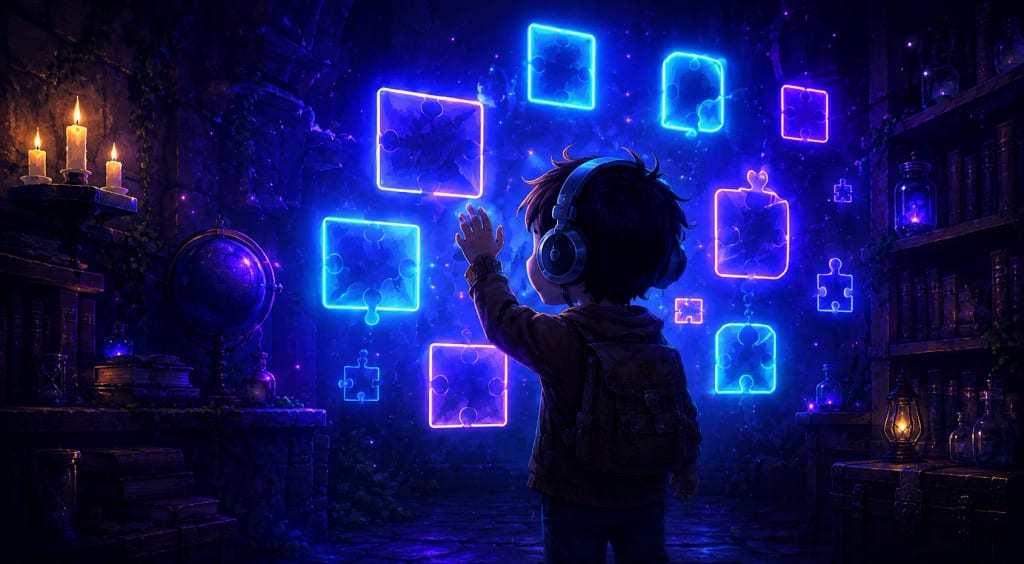Leo discovering illuminated puzzle pieces in Puzzle Studio