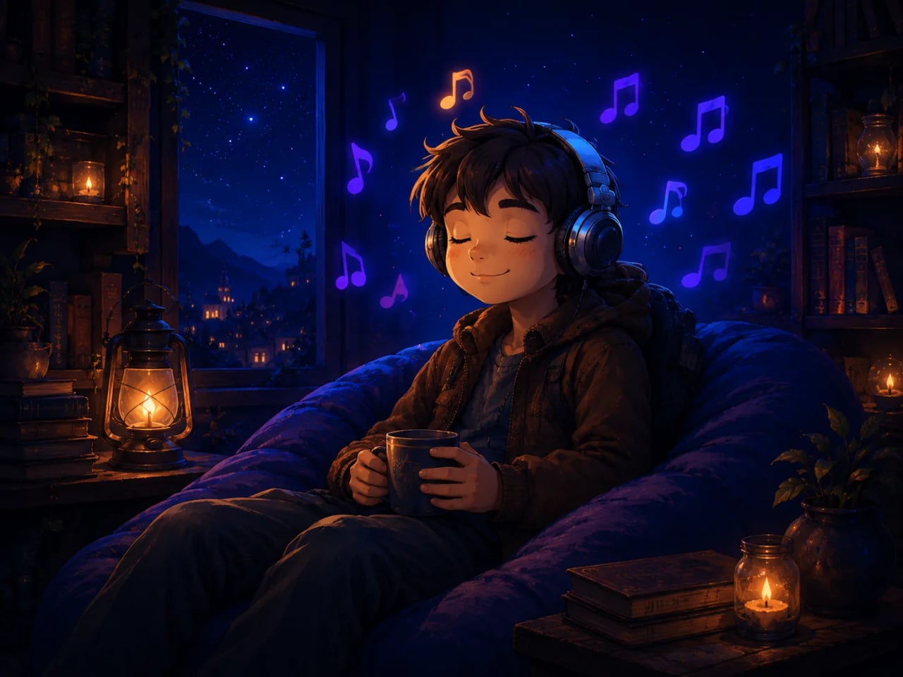 Leo listening to music with headphones in a lantern-lit room