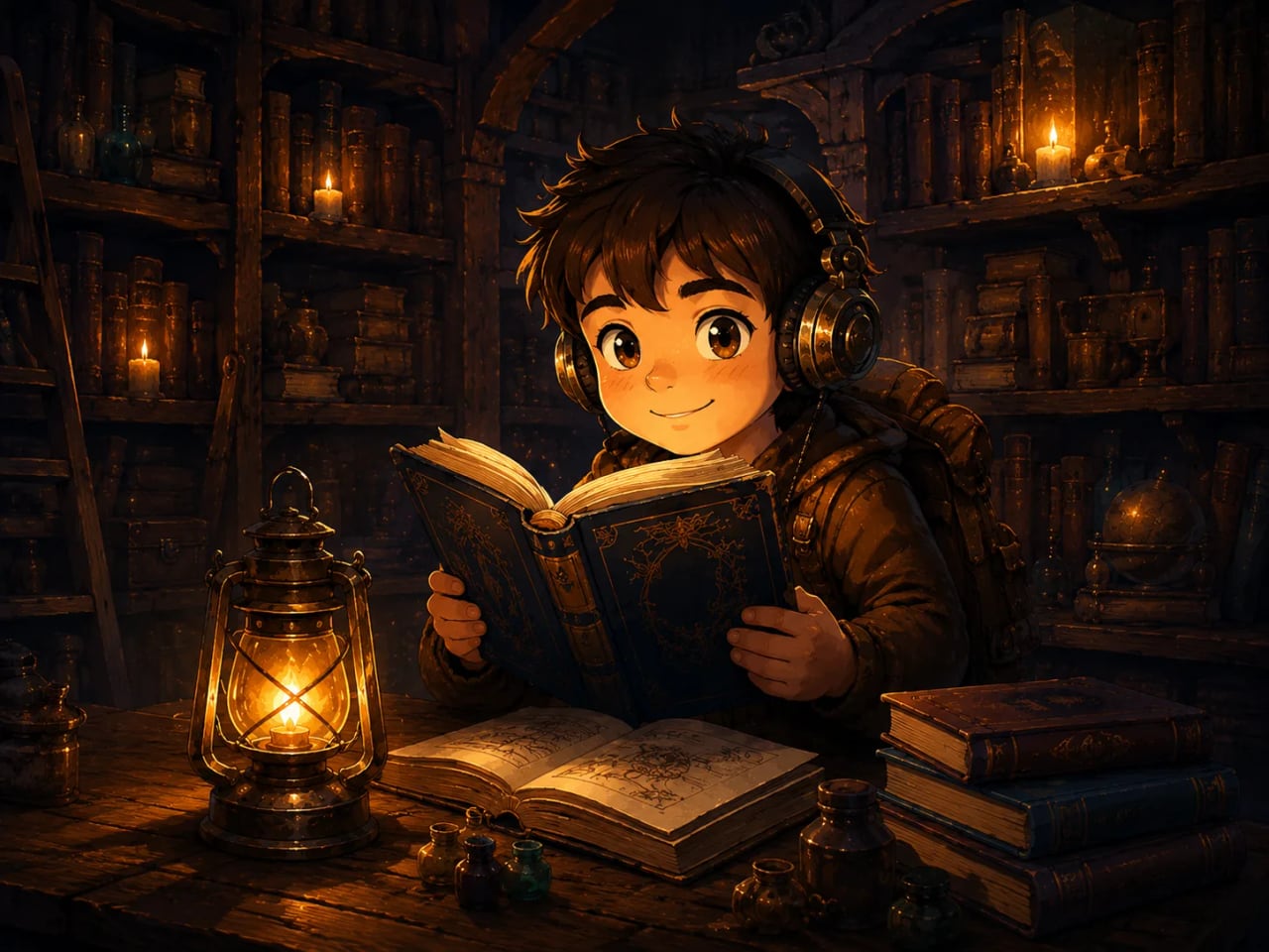 Leo reading an illustrated book beside his lantern in a warm library