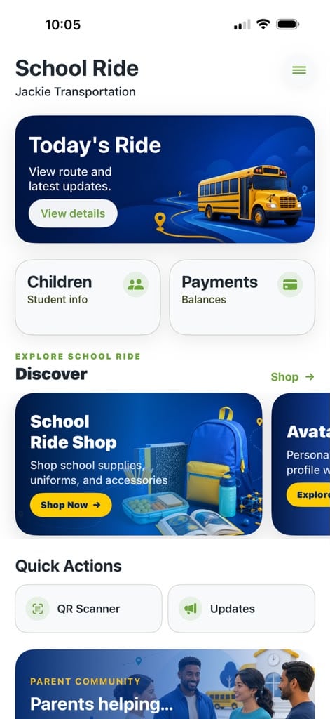 Current School Ride Parents dashboard with ride, children, payments and quick actions