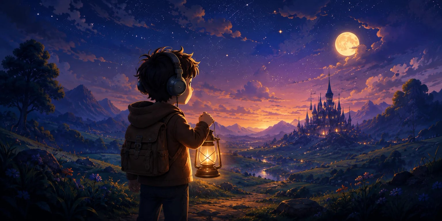 Leo, the young explorer with headphones, backpack and lantern, looking toward a castle under a starry sky